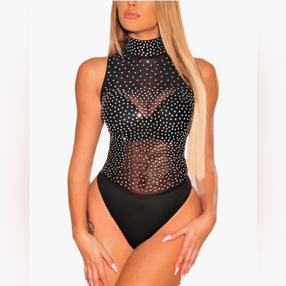 Sleeveless Studded Mesh Mock Neck See Through Bodysuit Sz M Blingy Disco Sexy
